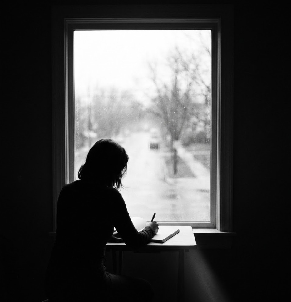 Silhouette of the author writing by a window